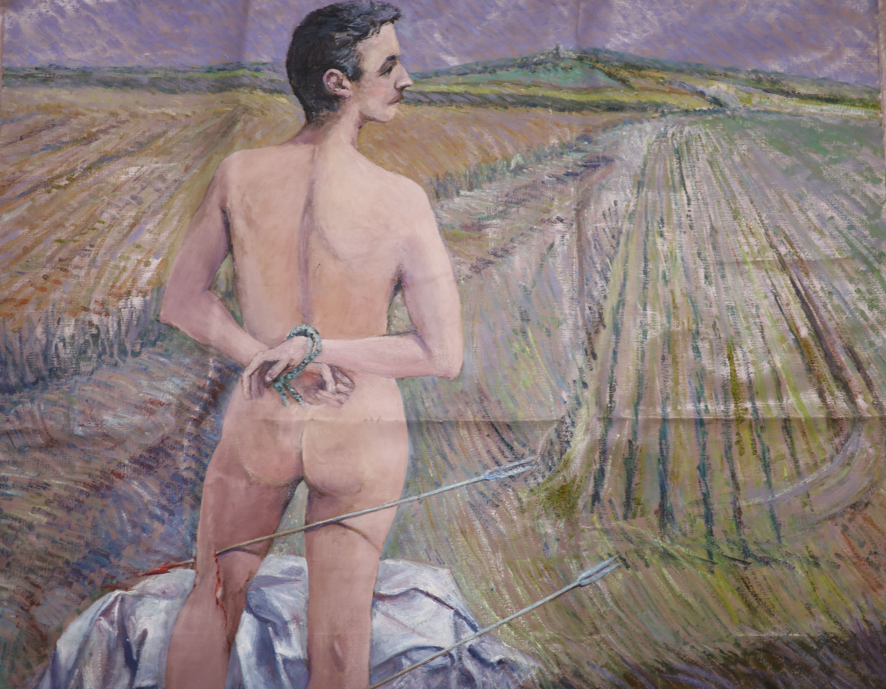 Two large unusual late 20th century French oil studies, one detailing a nude figure, shot with arrows, the other detailing two men in conversation following a motor racing accident, 172 x 176 and 154 x 160, both unframed